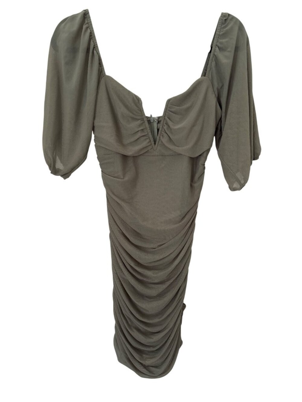 Blush BJ Ruched  Mini Dress Size Medium Mesh Short Sleeve Fitted Bodycon Olive